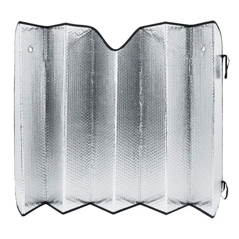 Foldable car windshield sun visors for front and rear, silver metallic finish.