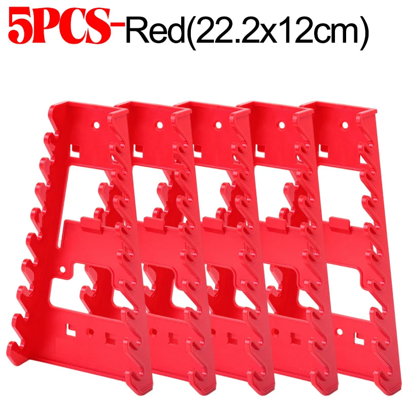 Five red heavy-duty ABS wrench organizer trays with multi-slot storage racks