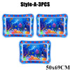 Three blue inflatable baby water play mats with colorful sea creatures and plants