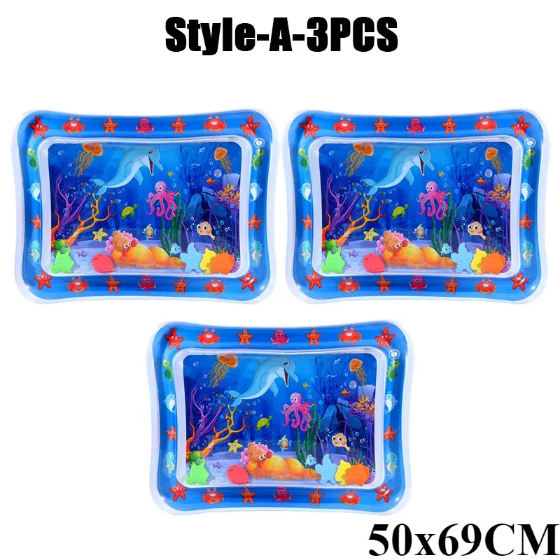 Three blue inflatable baby water play mats with colorful sea creatures and plants