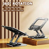 A black foldable tablet stand with a rotating feature is shown on a wooden surface.
