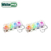 Two sets of white LED clickable fidget keychains with keyboard designs and various colored lights