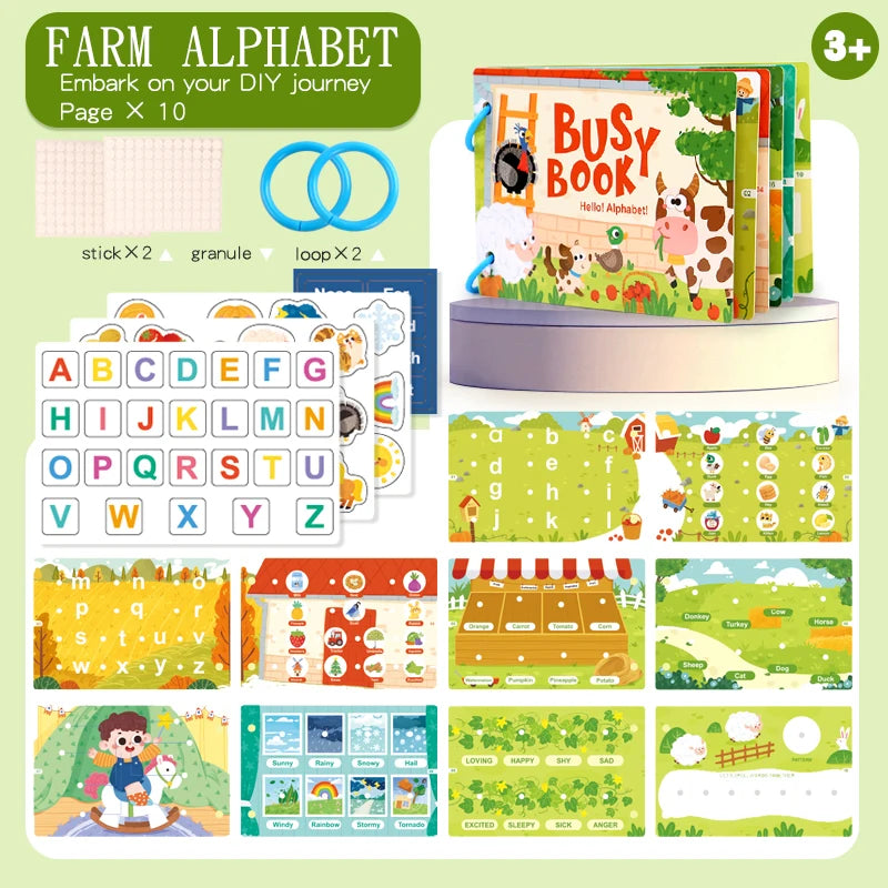 A set of Farm Alphabet cards and a busy book for DIY learning activities.