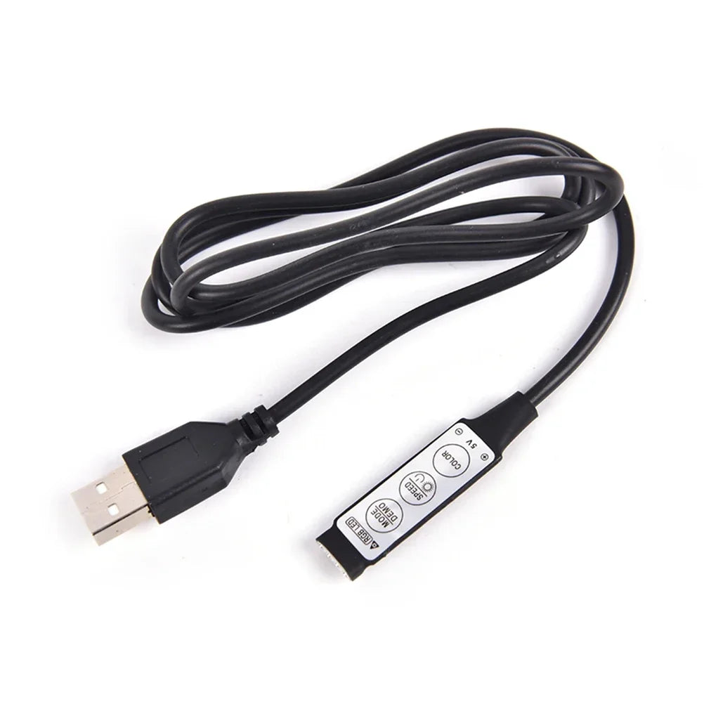 Black USB Bluetooth RGB LED strip controller with an included IR remote and cable