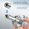 A close-up of a silver grease gun coupler showing how to upgrade the six-flap lock piece for a firm seal.