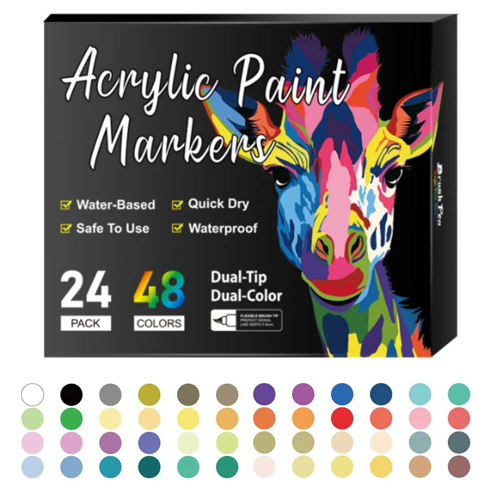 Schachtel mit 24 oder 48 Acrylmarkern mit Doppelspitze, buntes Giraffendesign