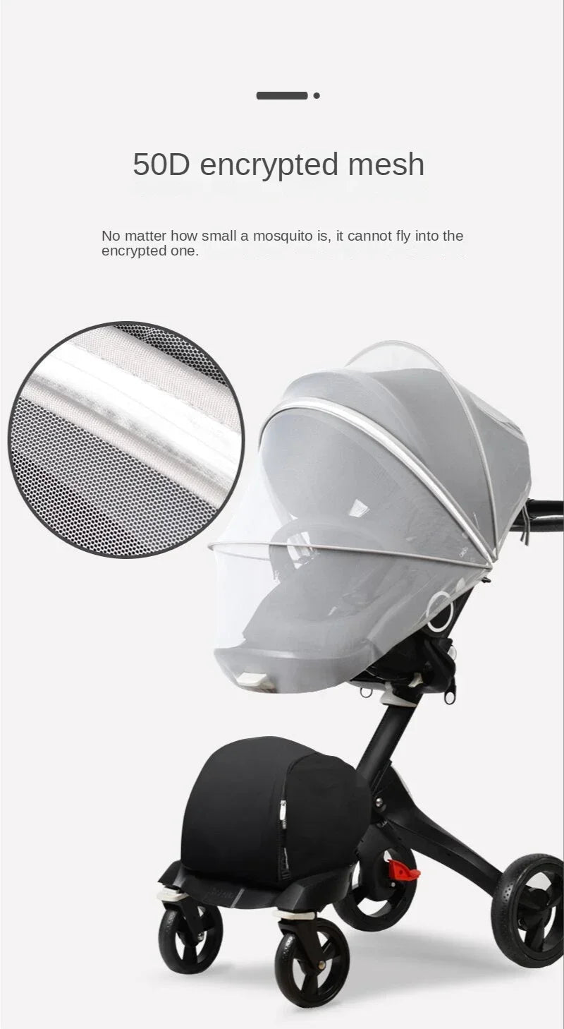 A gray universal mosquito net cover for a baby stroller or crib, shown with a magnified view of the mesh.