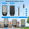 A package of a solar-powered LED security flood light with motion sensor and remote control, showing the front and back views