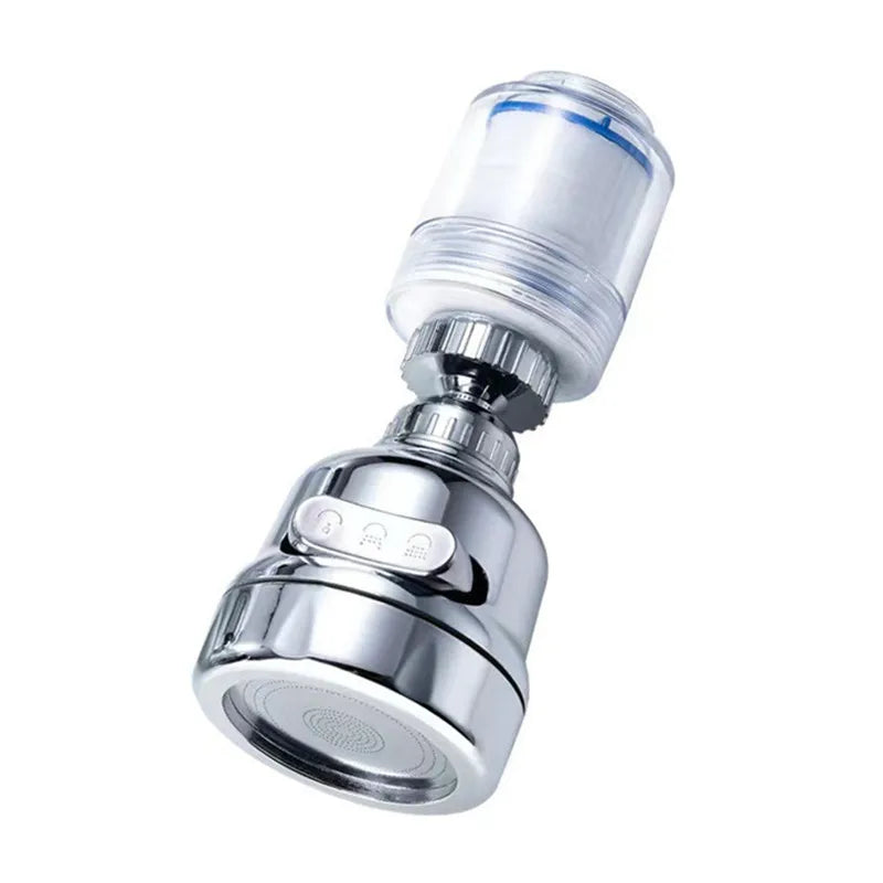 A silver faucet filter cartridge with a clear plastic cap and threaded base.
