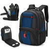 A black travel backpack with blue accents and a red strap, shown in various views.