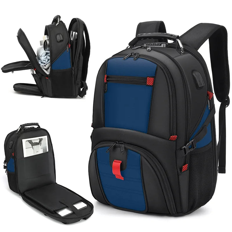 A black travel backpack with blue accents and a red strap, shown in various views.