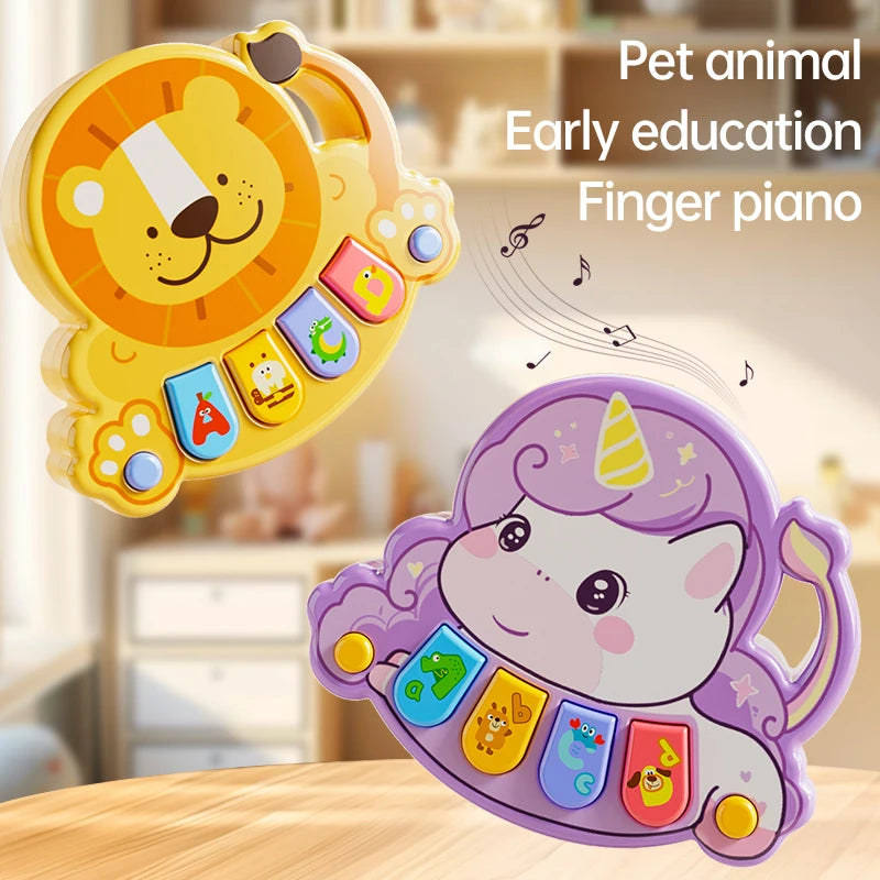 A yellow lion-shaped finger piano toy and a purple unicorn-shaped finger piano toy for early education.