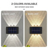 Two versions of a solar powered wall light, one emitting white light and the other warm light.
