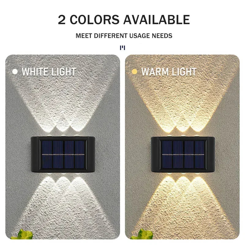 Two versions of a solar powered wall light, one emitting white light and the other warm light.
