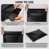 Instructions showing how to fold an RFID blocking Faraday bag for protecting phones and keys