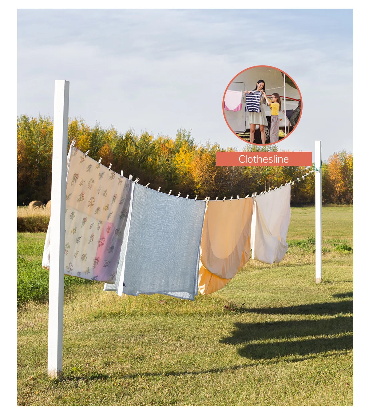 A clothesline strung between two poles displaying various garments outdoors.