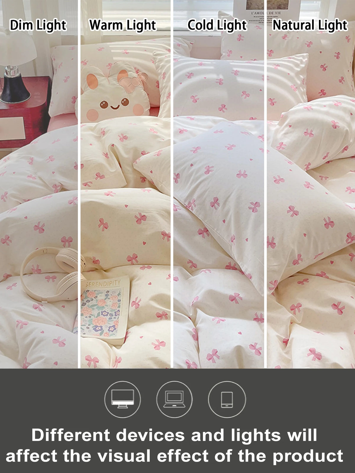 A display showing four lighting conditions—Dim, Warm, Cold, and Natural Light—on a white duvet cover set with pink bow prints