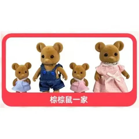 A set of three miniature animal dolls resembling forest animals dressed in clothing.