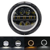 A circular motorcycle LED headlight assembly featuring angel eyes and daytime running lights.