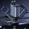 A directional adjustment retractable car charger with USB and PD 30W fast charging cables shown in various swing angles.