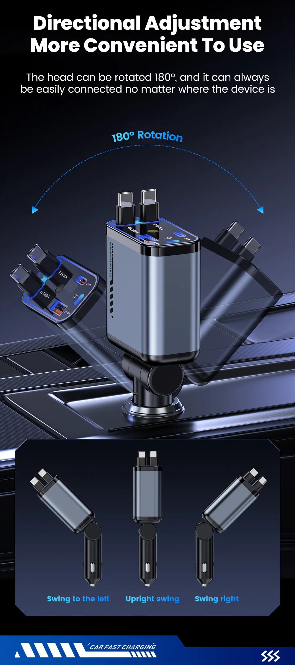A directional adjustment retractable car charger with USB and PD 30W fast charging cables shown in various swing angles.
