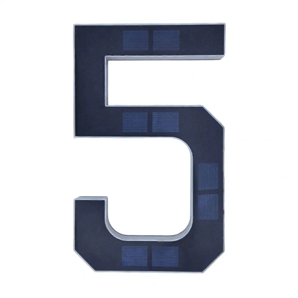 A dark gray solar-powered LED house number sign shaped like the numeral five.