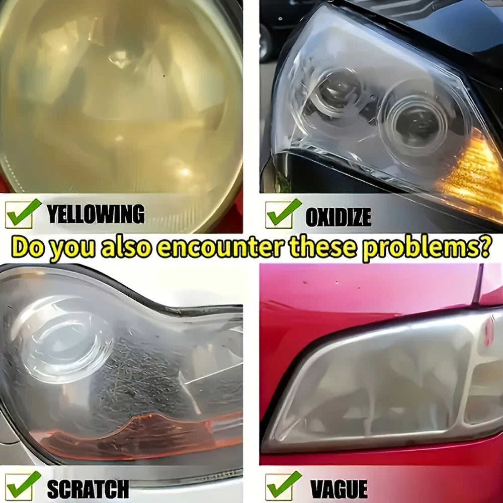 A collage showing various car headlight issues like yellowing, oxidation, scratches, and vague hazing.