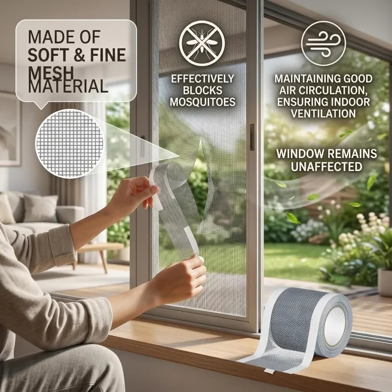 A hand applies window screen repair tape to a window pane, demonstrating its use for maintaining airflow and preventing insec