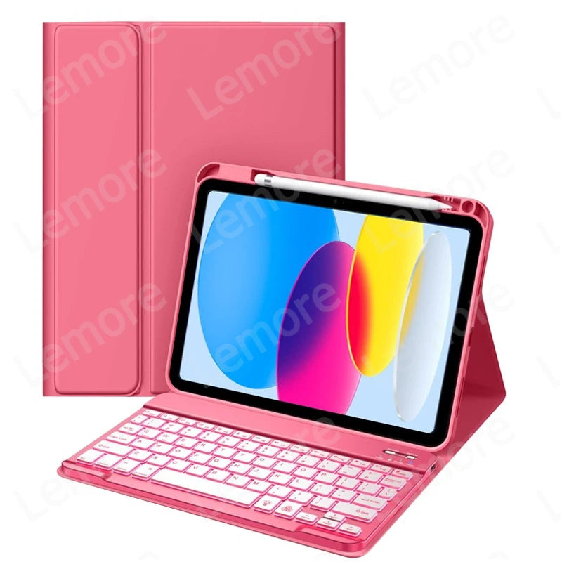 A pink iPad keyboard case with a matching pink cover and a screen displaying a colorful image.