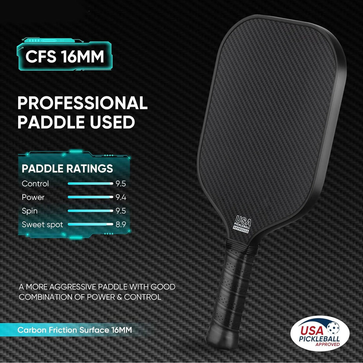 A black carbon fiber pickleball paddle with CFS 16mm surface ratings and USA approved certification.