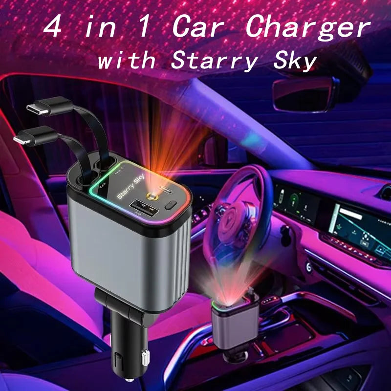 Retractable Car Charger with Starry Sky Spotlight – 4-in-1 Fast Charging