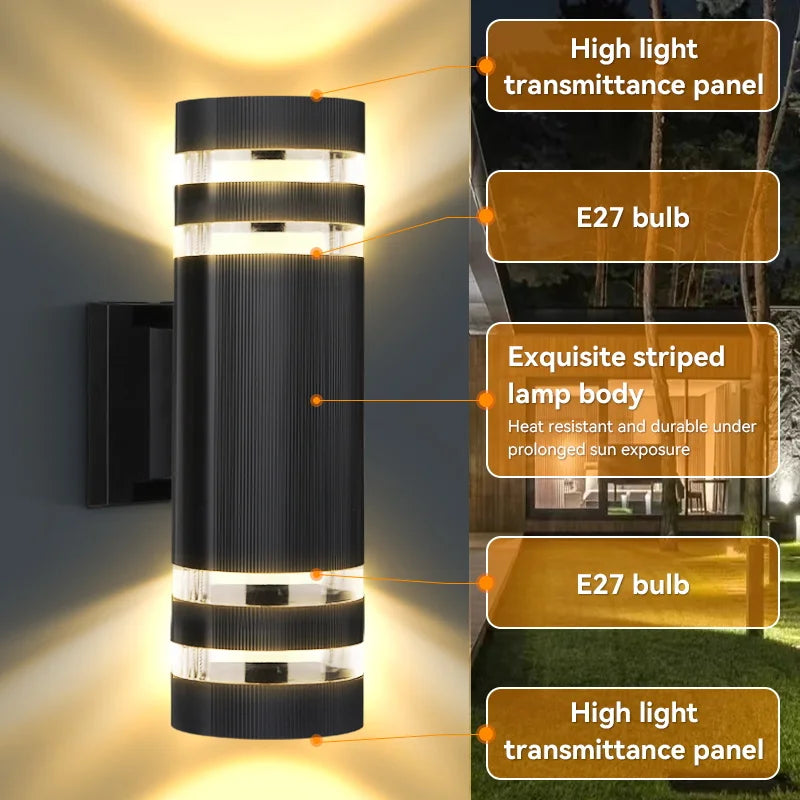 Modern up and down LED wall sconce with a striped lamp body featuring E27 bulbs and high light transmittance panels.