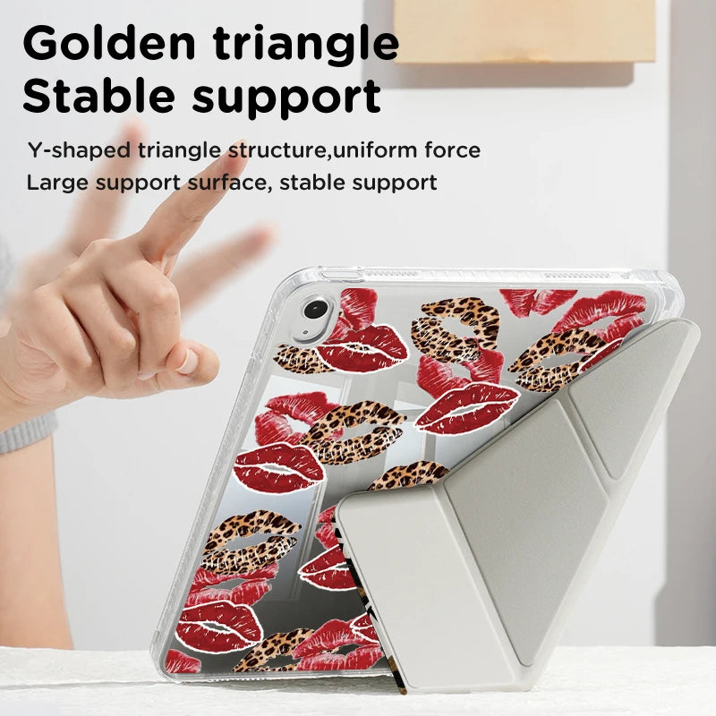 A clear tri-fold iPad case with a leopard print design is shown being held by a hand.