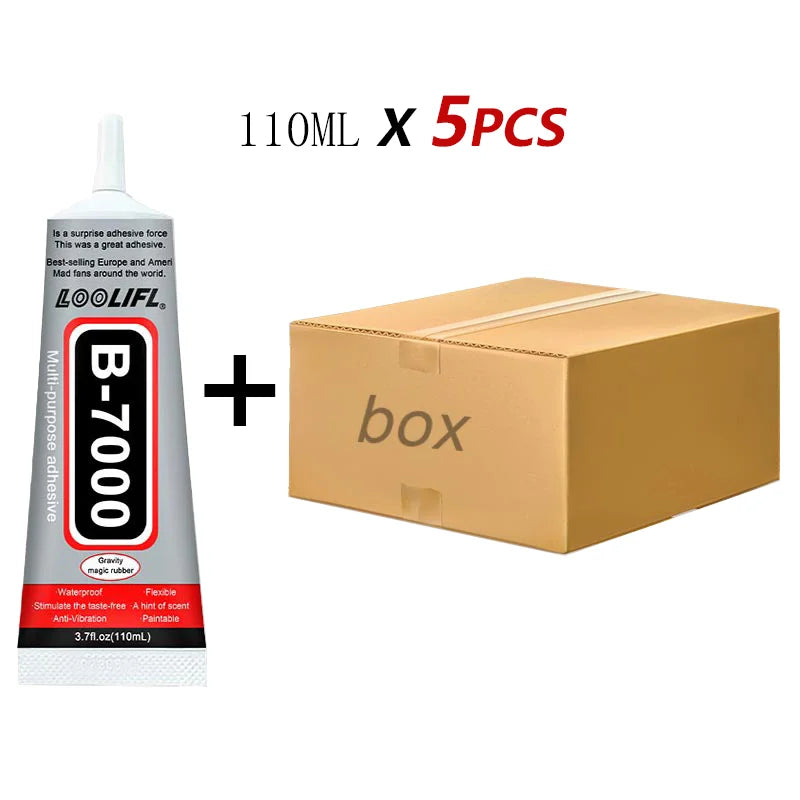 A bottle of B-7000 multi-purpose adhesive glue and a box containing five units.