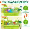 A 2 in 1 play sink for kids featuring a kitchen sink with running water and a fishing game.