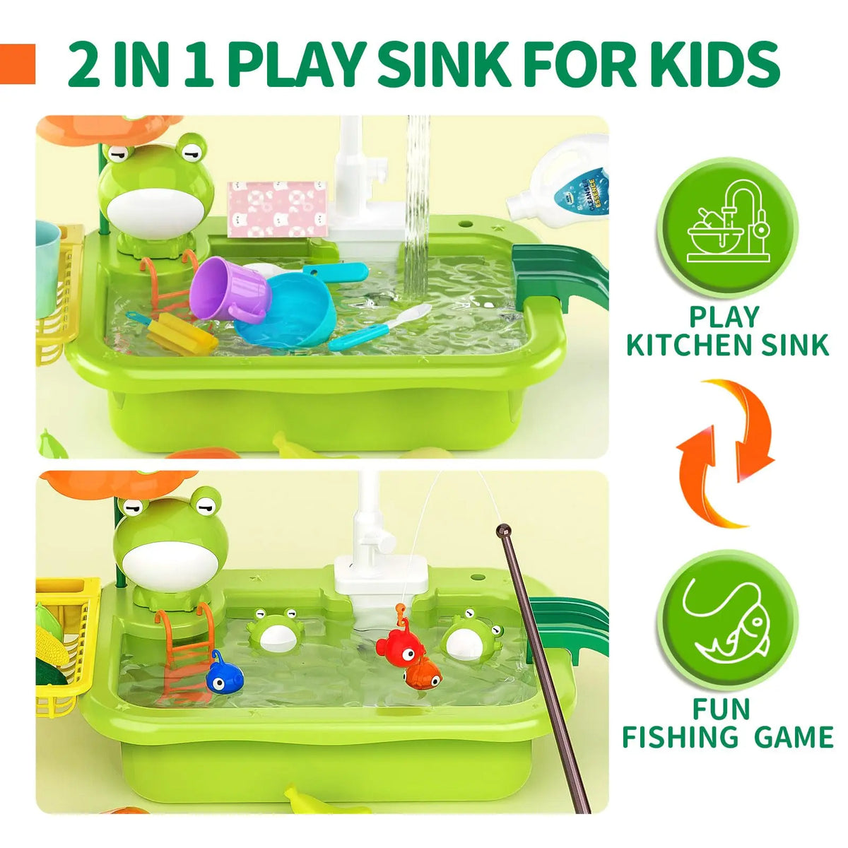 A 2 in 1 play sink for kids featuring a kitchen sink with running water and a fishing game.