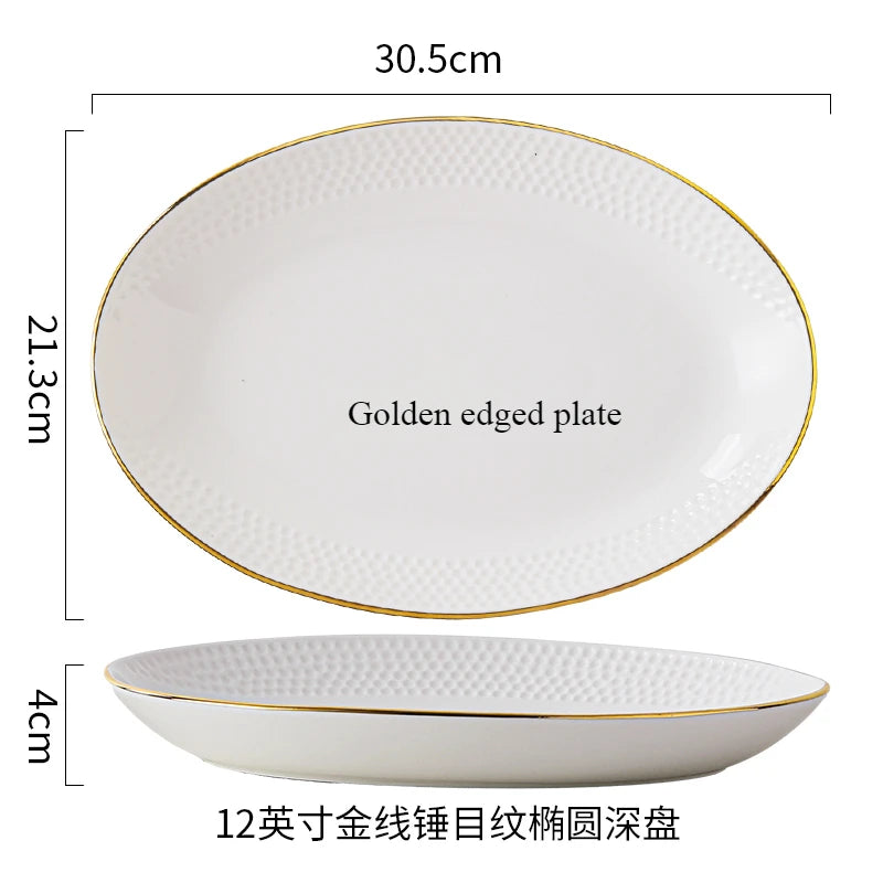 Golden edged plate and bowl set featuring white porcelain ceramic tableware
