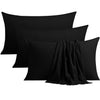 A set of four black microfiber pillowcases with envelope closures stacked together.