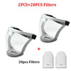 Two clear protective face masks with anti-fog shields and silicone seals, plus twenty additional filters.