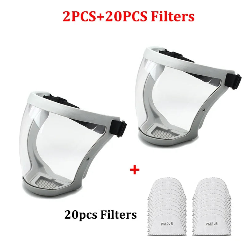 Two clear protective face masks with anti-fog shields and silicone seals, plus twenty additional filters.