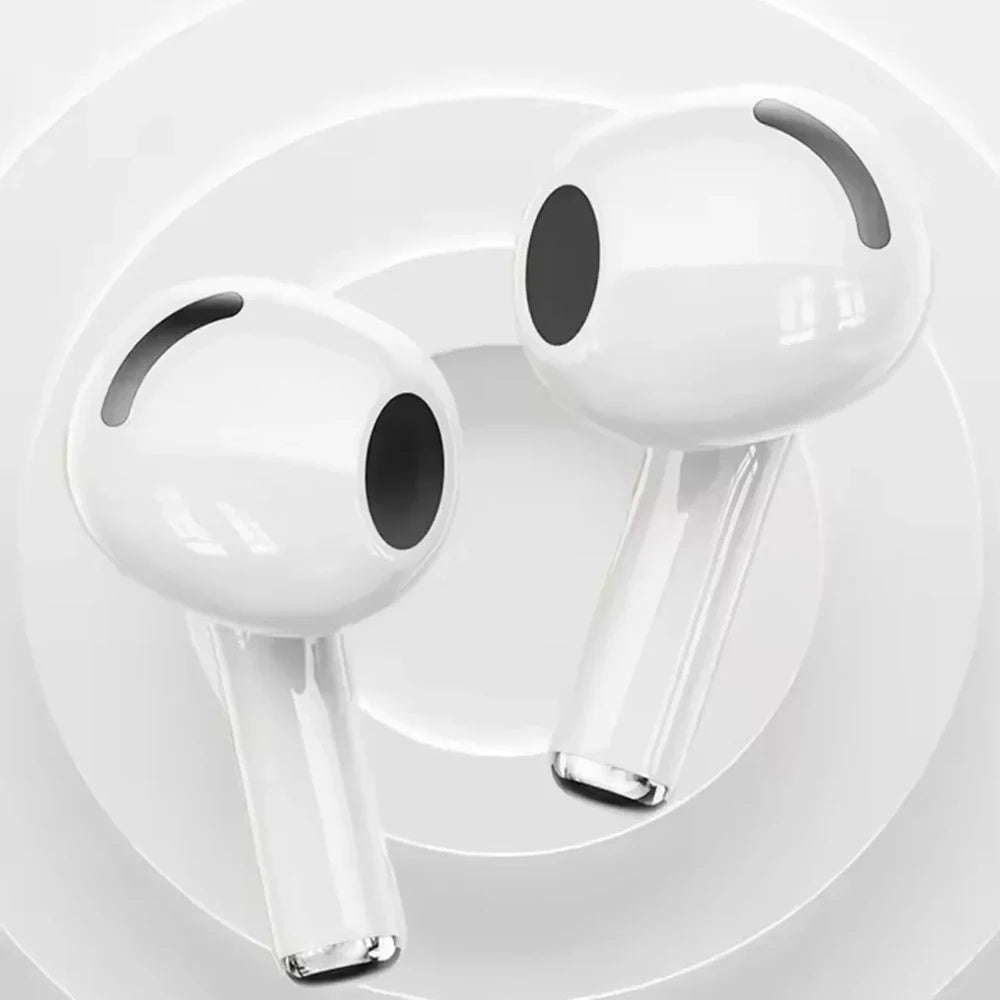 A pair of white ANC wireless Bluetooth earbuds shown against a white background.