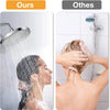 A person is showering under a 6-inch high-pressure rainfall shower head, demonstrating the product's spray pattern.