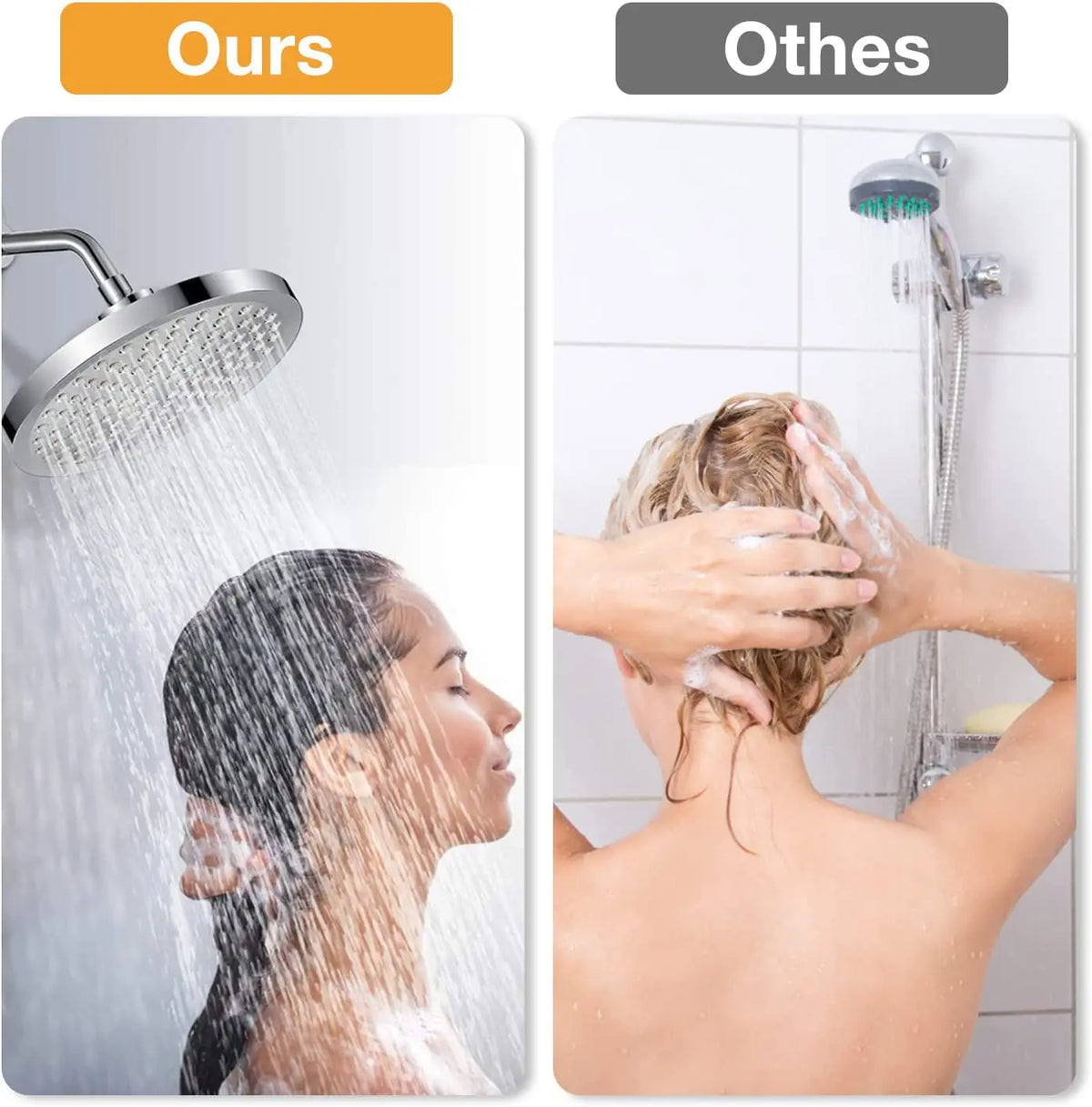 A person is showering under a 6-inch high-pressure rainfall shower head, demonstrating the product's spray pattern.