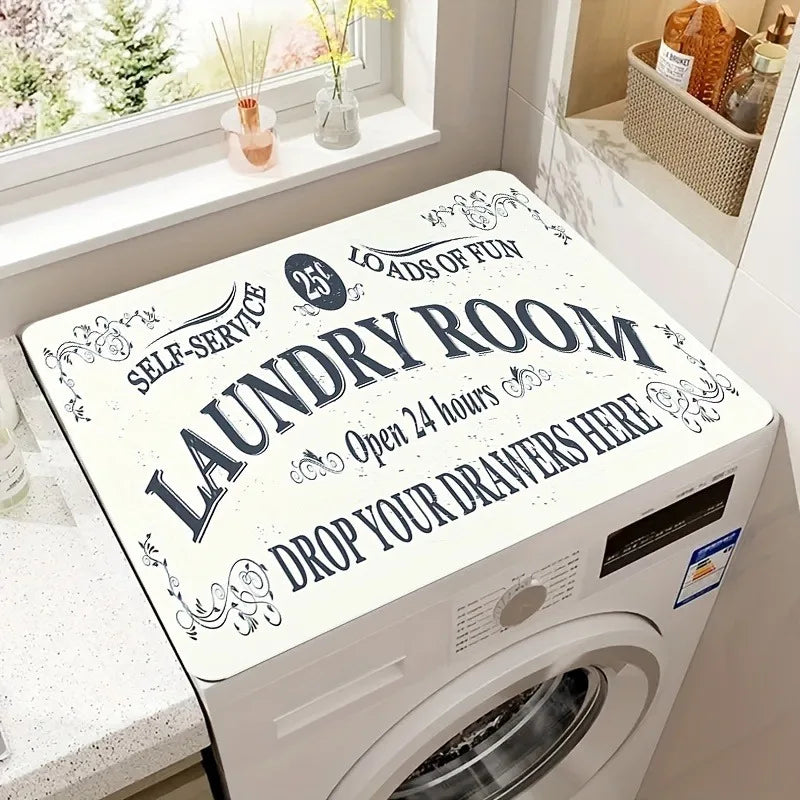 A white laundry room with a washing machine featuring text encouraging self-service and dropping drawers.