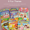 A set of six themed handheld jelly sticker books featuring animals, castles, supermarkets, space, princesses, and farms.