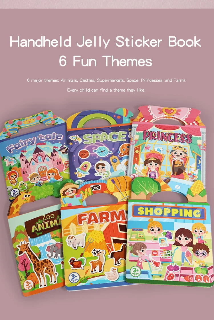 A set of six themed handheld jelly sticker books featuring animals, castles, supermarkets, space, princesses, and farms.