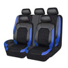 Black PU leather car seat covers with blue accents shown from the back.