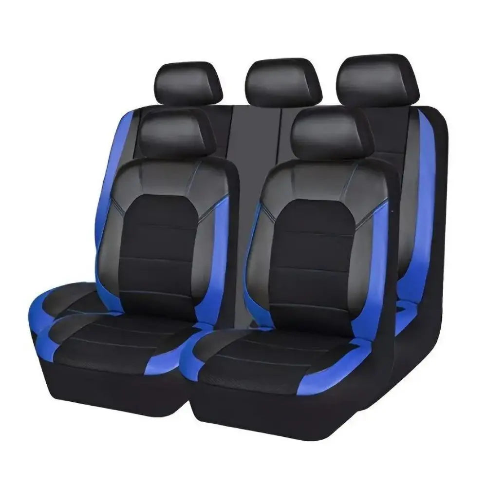 Black PU leather car seat covers with blue accents shown from the back.