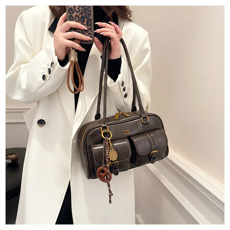 Women's Retro PU Leather Shoulder Bag with Multiple Pockets & Detachable Charm