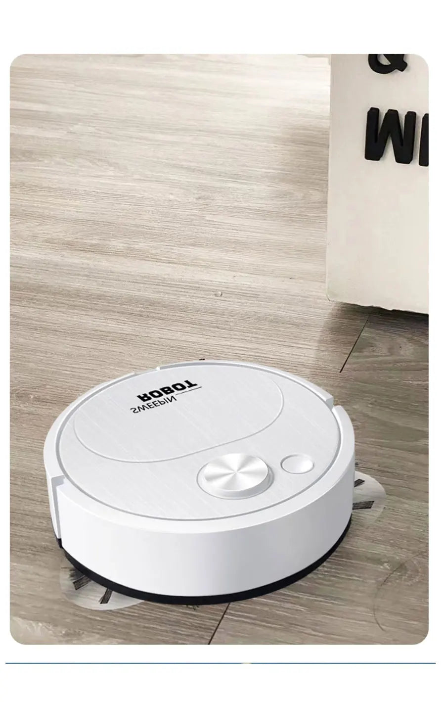 A white robot vacuum cleaner is shown on a wooden floor next to a vertical white object.